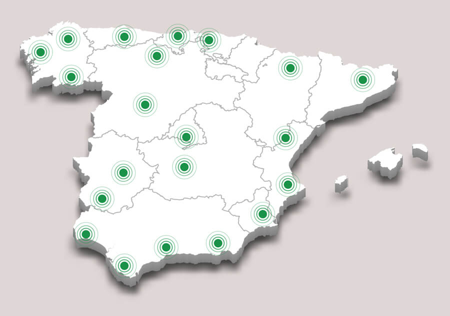 Imagen de un Mapa de España en el que aparecen señaladas las ubicaciones donde Viajes Himalaya dispone de apartamentos